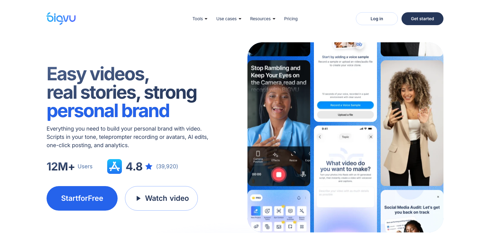 The BIGVU homepage highlighting its broader video creation and personal brand workflow.