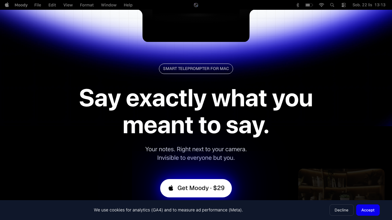 The Moody homepage showing its Mac teleprompter and camera-adjacent script positioning.