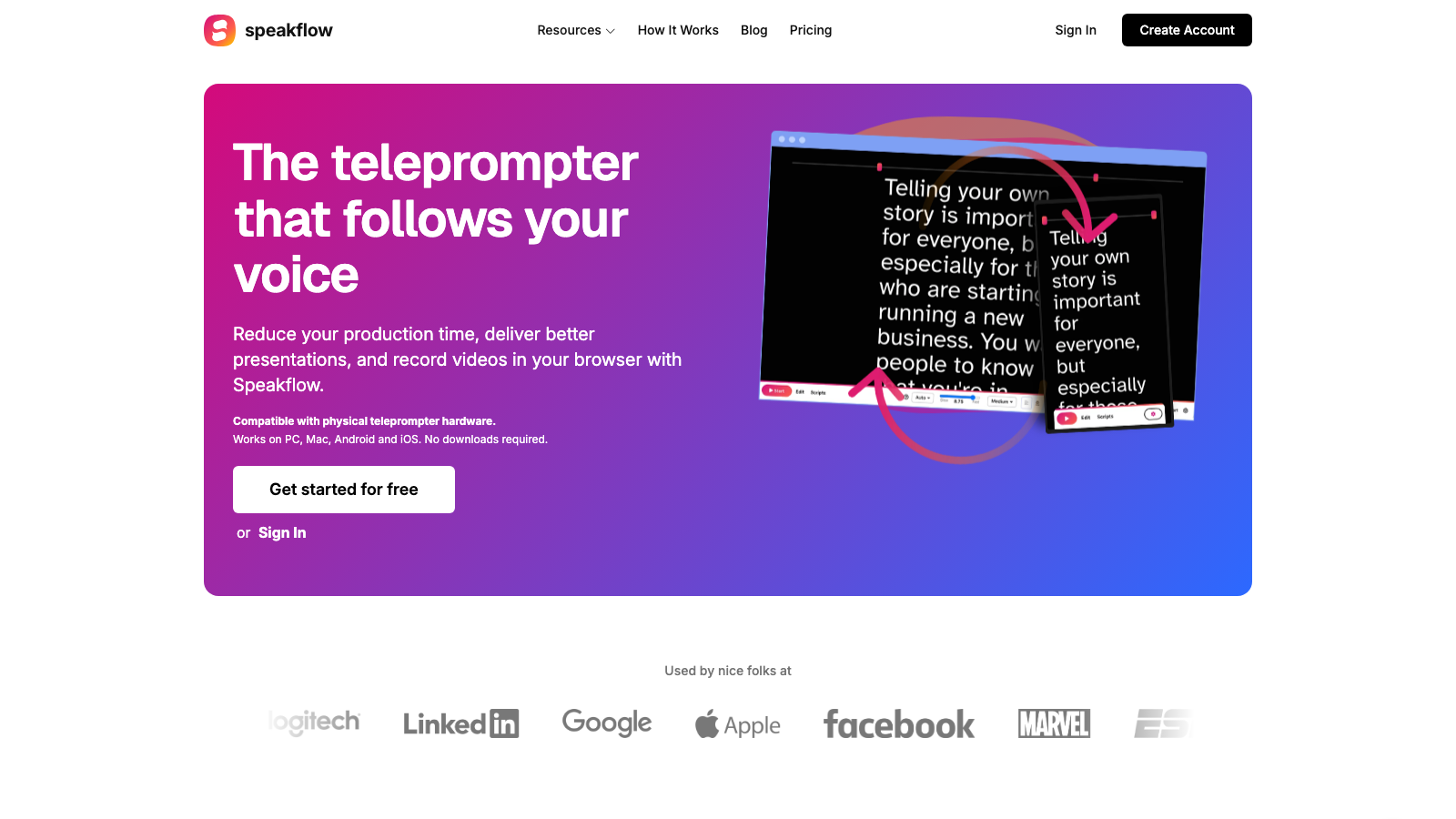 The Speakflow homepage showing its voice-follow teleprompter positioning.