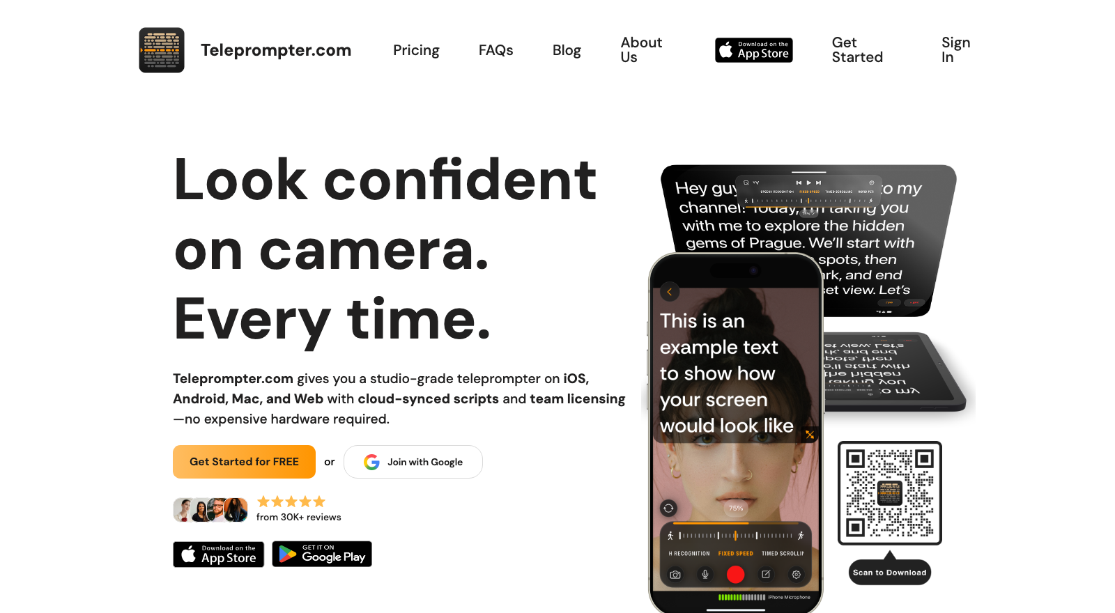 The Teleprompter.com homepage showing its confidence-on-camera messaging and app layout.