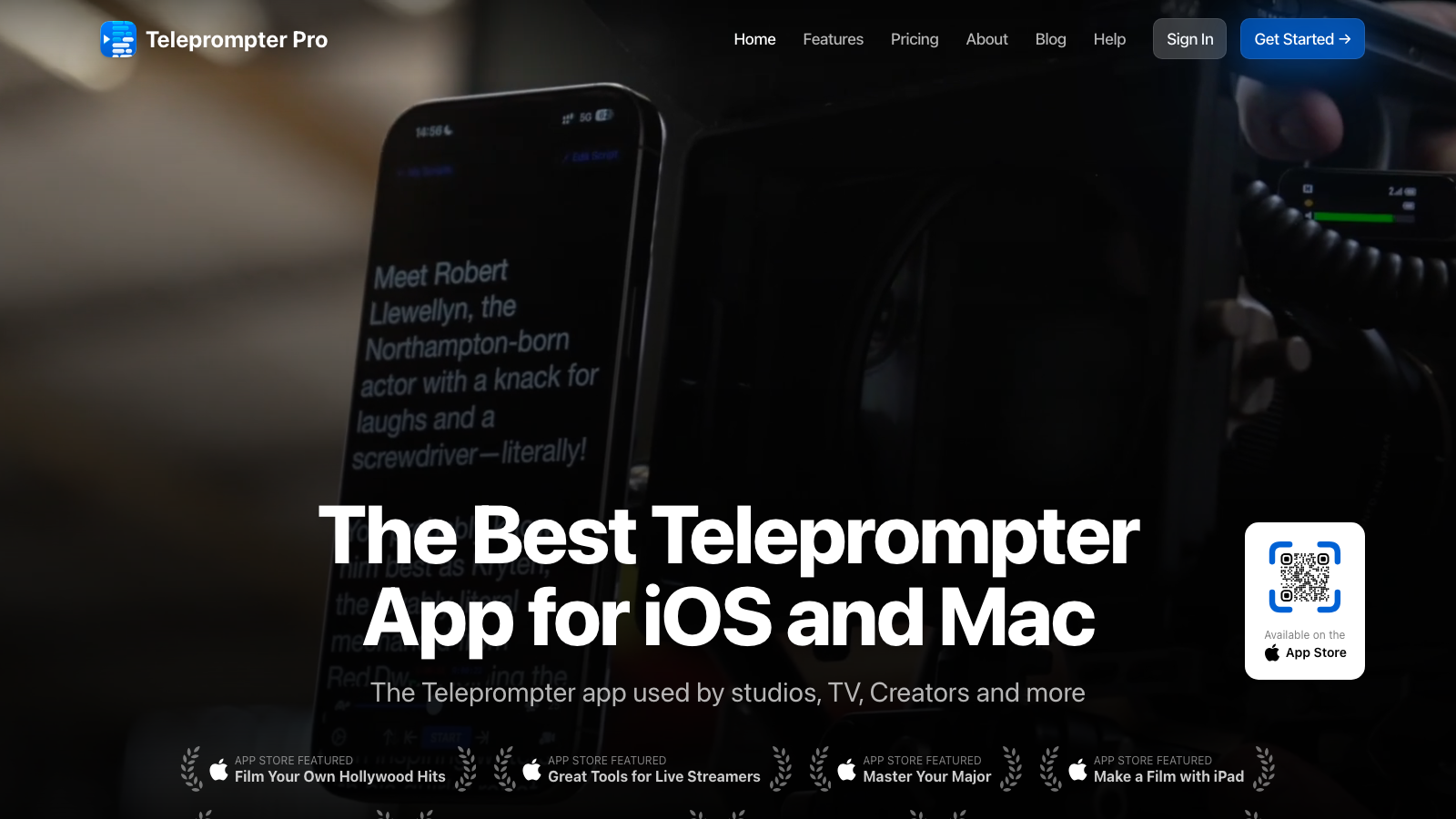 The Teleprompter Pro homepage showing its Apple-first teleprompter positioning.