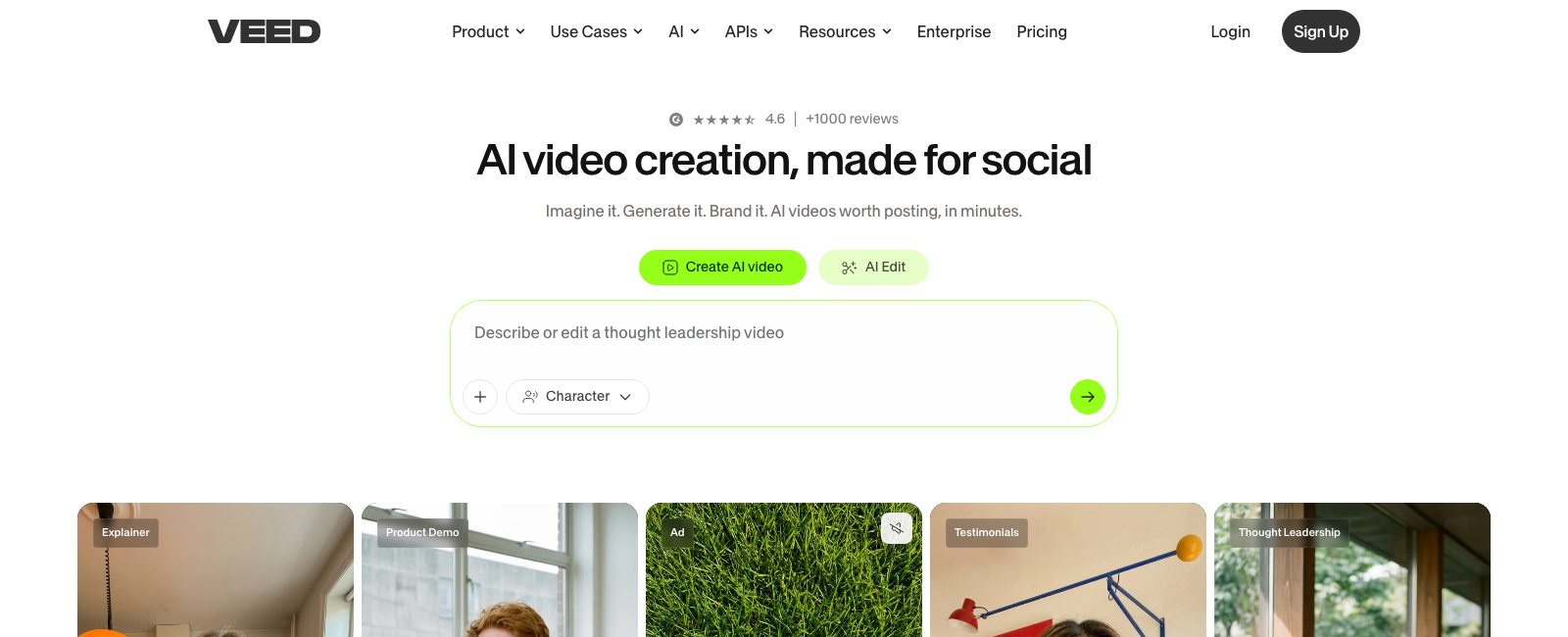 The VEED homepage showing its AI video creation interface and editor-first positioning.